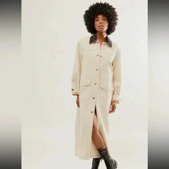 NWT FREE PEOPLE LONG CANVAS SNAP BUTTON CANVAS TRENCH BARN CHORE JACKET COAT M - Picture 1 of 9